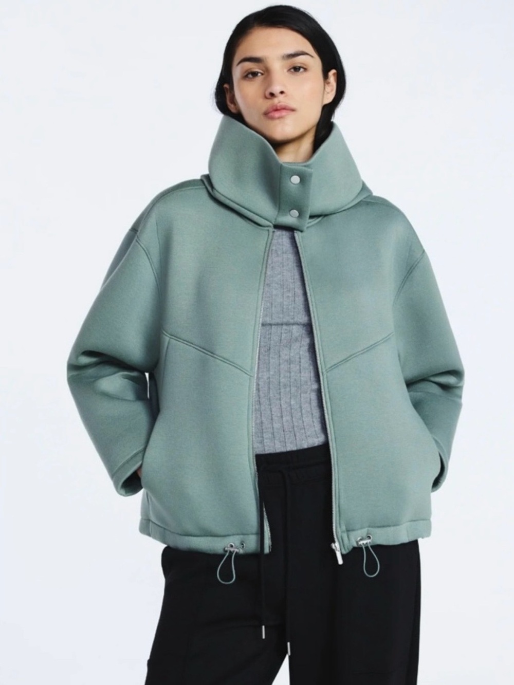 High Collar hooded Jacket in
Sage Green